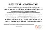Komunikat-sprostowanie w sprawie tymczasowej lokalizacji Filii nr 2 Biblioteki na czas remontu Portu Kultury